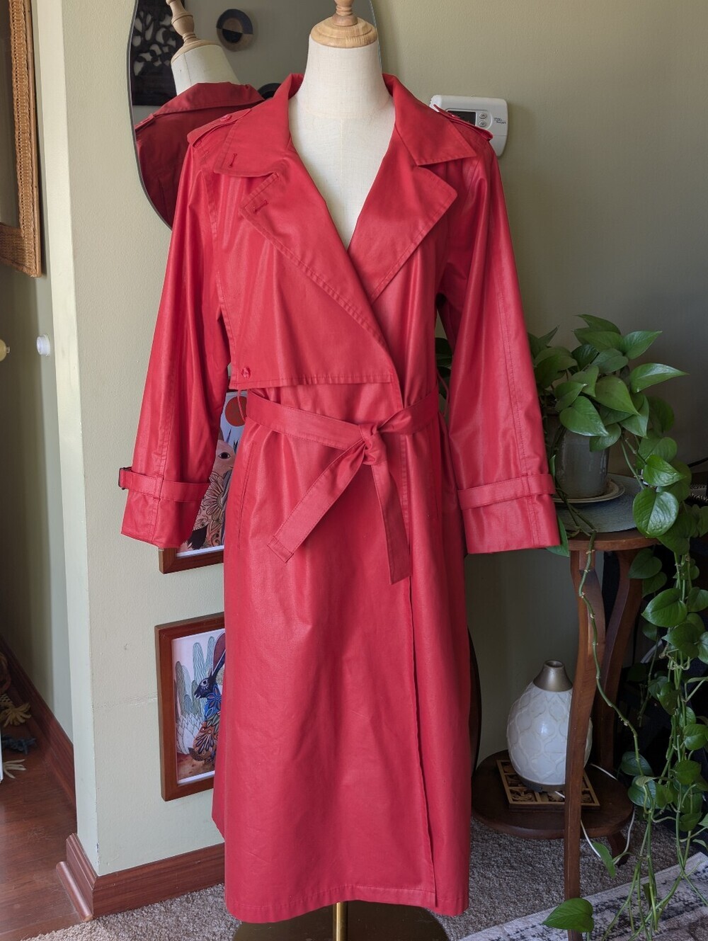 London Fog Women's Vintage Size 12 Red Belted Button Front Trench Coat - Picture 3 of 16